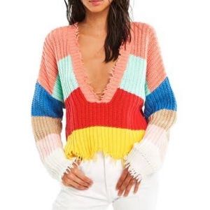 multicolored frayed sweater